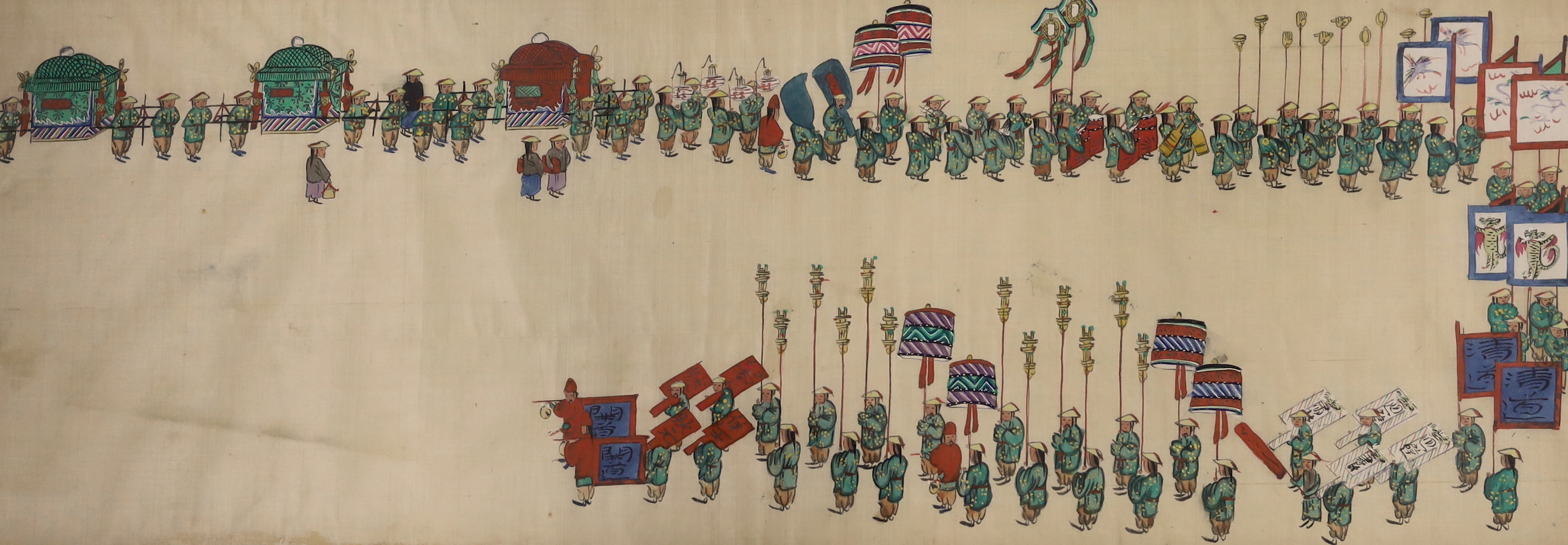 Two Chinese watercolours on silk, Procession of figures, largest 67 x 24cm